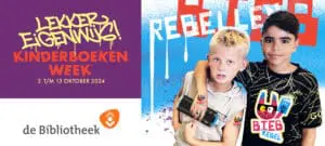 Logo en banner met twee lachende jongetjes van het Bibliotheekprogramma voor de kinderboekenweek