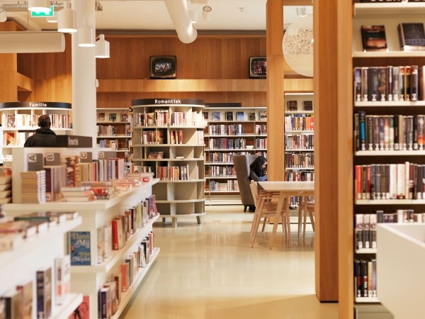 Je kijkt een bibliotheek in waar verschillende stellingen en kasten met boeken staan