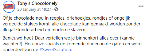 facebookbericht van tony's chocolonely title=
