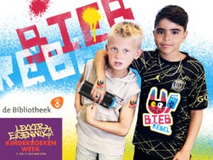 Logo en banner met twee lachende jongetjes van het Bibliotheekprogramma voor de kinderboekenweek